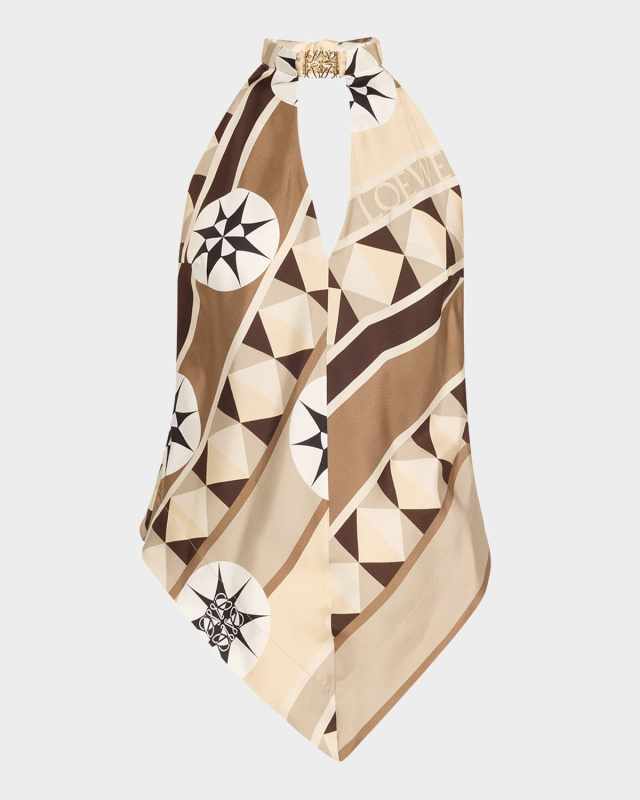 Anagram Keyhole Geo-Print Silk Halter Top